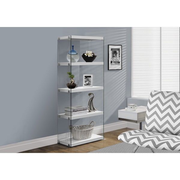 Bookshelf, Bookcase, Etagere, 5 Tier, 60"H, Office, Bedroom, Tempered Glass, Glossy White, Clear